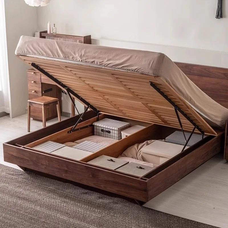 

Small apartment double bed North American black walnut solid wood high box bed storage bed tatami bedroom high box storage
