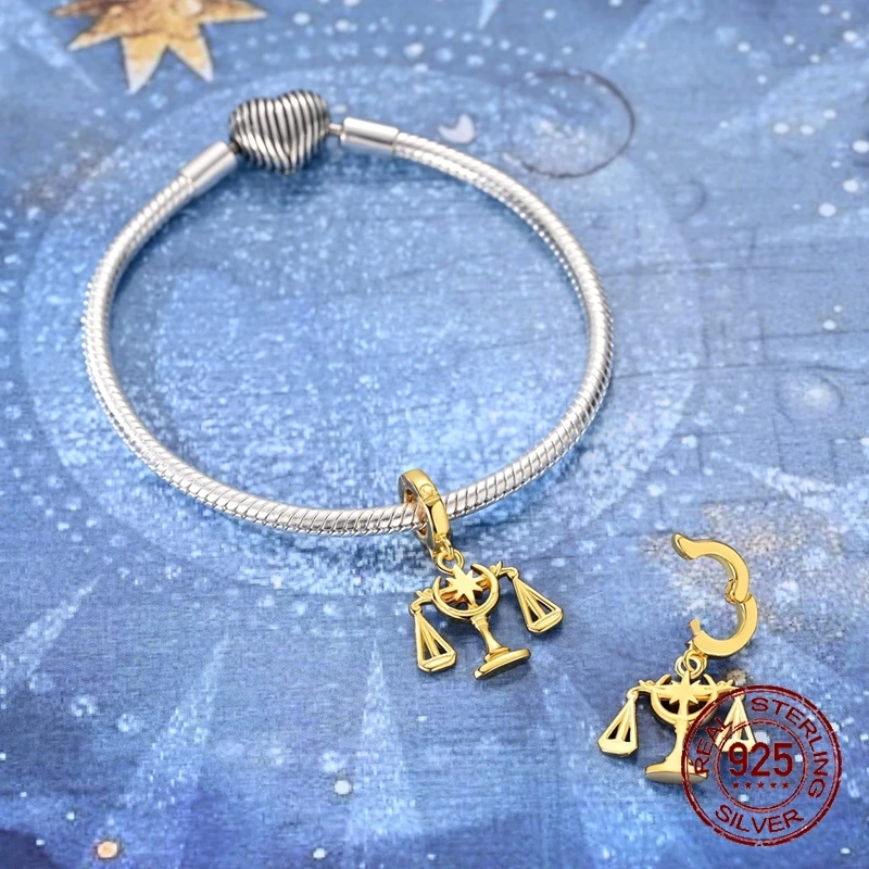 Libra Zodiac Scales Dangle Charm 925 Sterling Silver 12 Constellation Astrology Jewelry Fits Bracelets Birthday Gift for Women