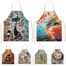 Cat Colorful Printed Kitchen Aprons for Women Adults Home 55x68cm Cotton Linen Home Cleaning Cooking Delantal Cocina Delantales
