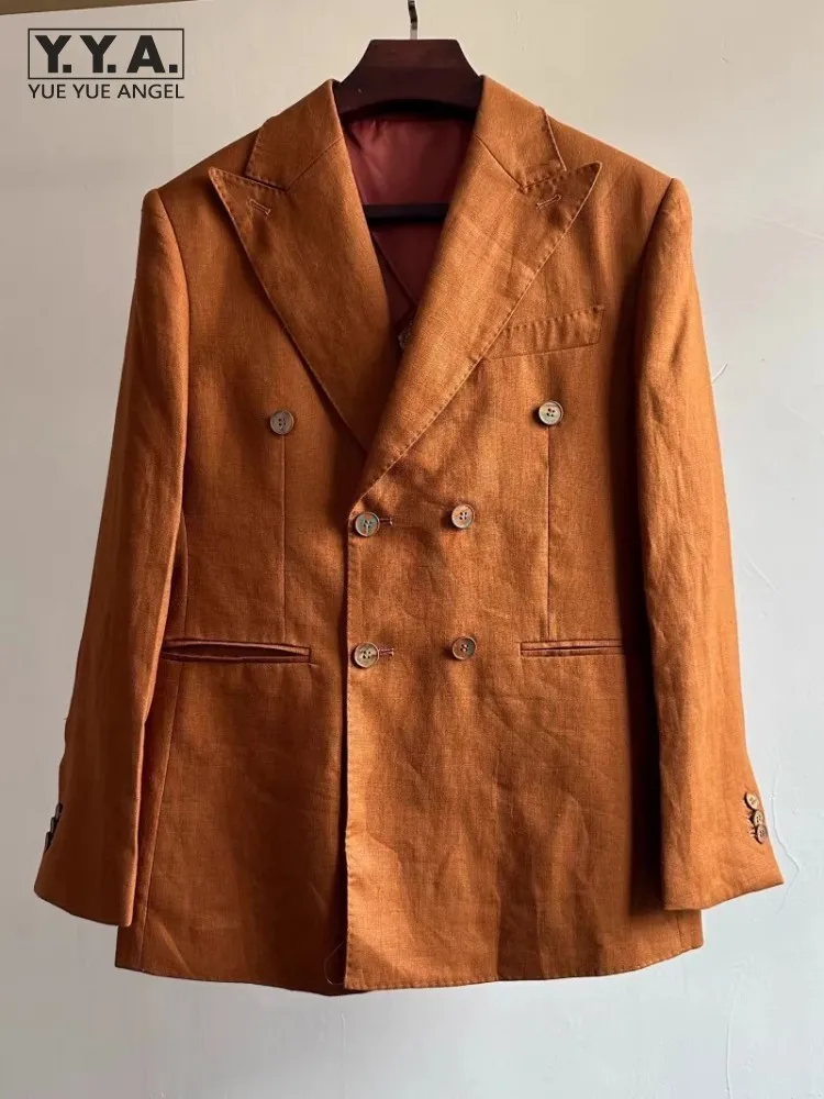 

Summer Thin Style Double Breasted Business Casual Mens Suit Jacket Lapel Long Sleeve Breathable Gentleman Solid Linen Blazers