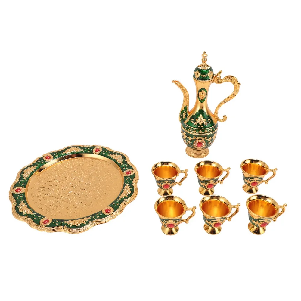 8PCS With 6 Cups Coffee Pot Set Gold Green Zinc Alloy Teapot Tea Service Set With Tray Gold Blue Turkish Tea Set For Birthday view 3