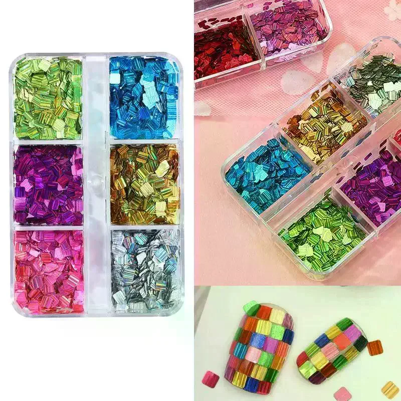 6/12 Grids Diamond And Rectangular Sequin Nail Art Accessories Retro Patchwork Sequin DIY Nail Decor Supplies