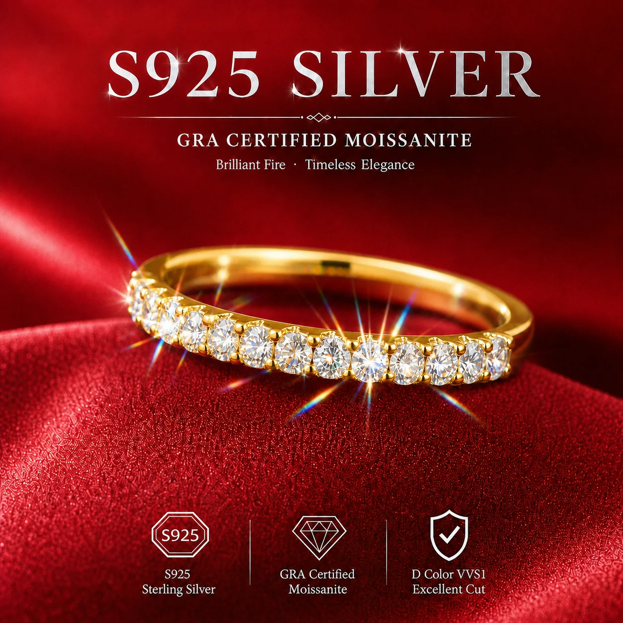 Mit GRA-Zertifikat S925 Sterling Silber 3,0mm Vollmoissanit-Ring D VVS1 3EX Schliff Funkelnder Moissanit-Band Hochzeits- und Partygeschenk – Detail 4