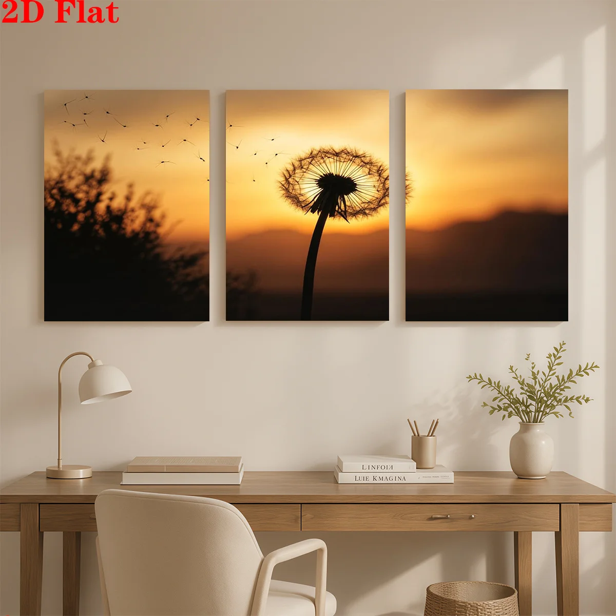 (No frame)2D 3pcs Canvas Art Wall Hanging- Dandelion seeds fly at sunset. Suitable for Decorating Offices, Dining Rooms, Livi