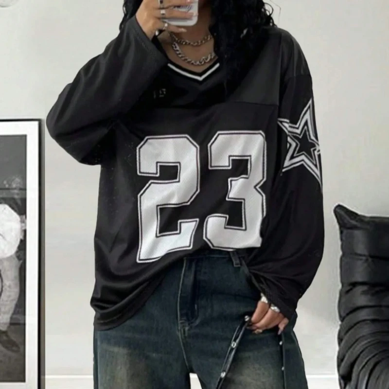 

Y2K Американский осенний спортивный хип-хоп принт цифровой пикантный девушка повседневный свободный топ с длинным рукавом и v-образным вырезом модная мужская женская уличная футболка