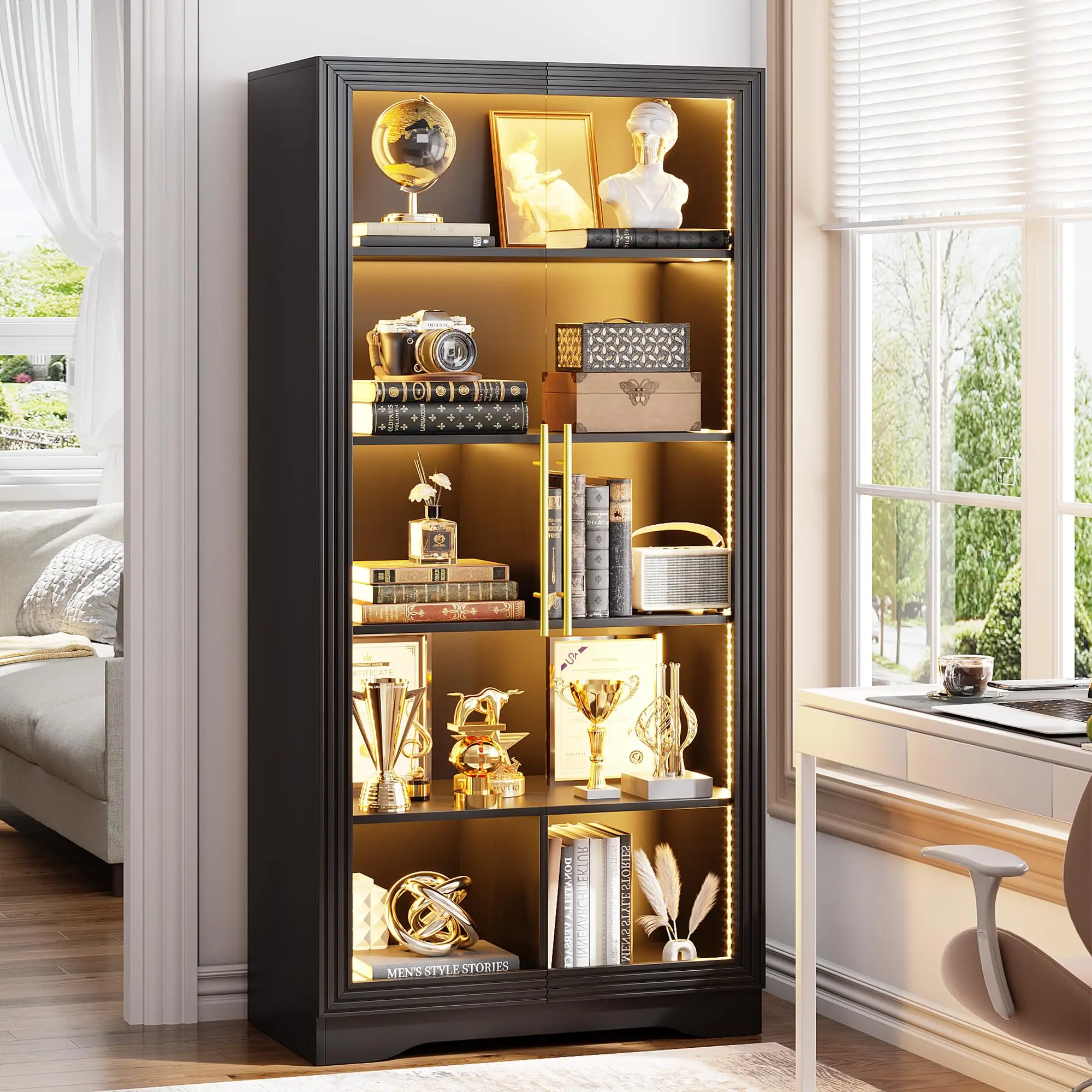 Bookcase with Glass Doors and LED Light, Home Office Bookshelf Black - view 4