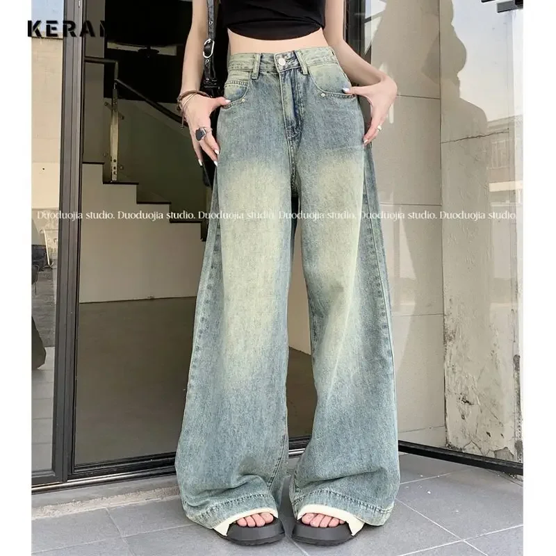 

American Retro High Waist Grunge Street Jean Women's Emo Casual Hip-hop Baggy Light Blue Pants Y2K Washed Pockets Denim Trouser