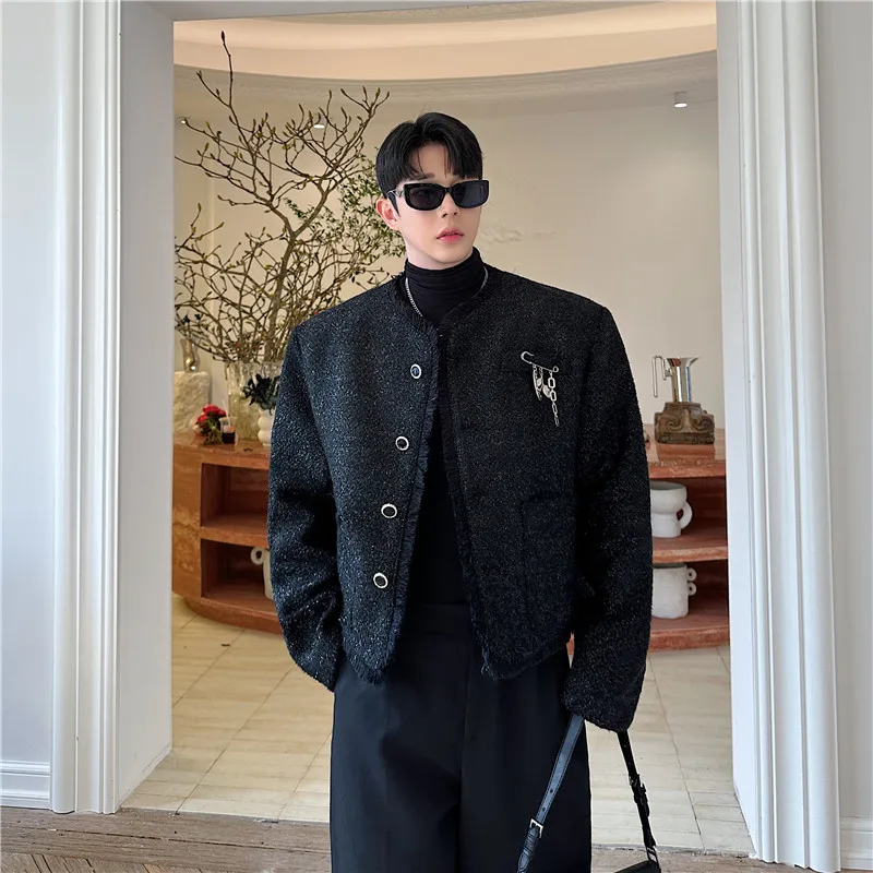 

Autumn Winter Metal Decorated Fringed Knitted Woolen Jaet Collarl ort Outerwear for Teens Anti-Wrinkle Long Sve Coat