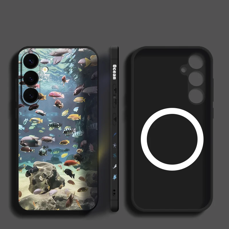 Deep Sea Fish Turtle Print Case For Samsung S26 S25 Ultra S24 S23 FE S22 Plus S21 Built-in Metal Plate Magnetic Silicone Cover