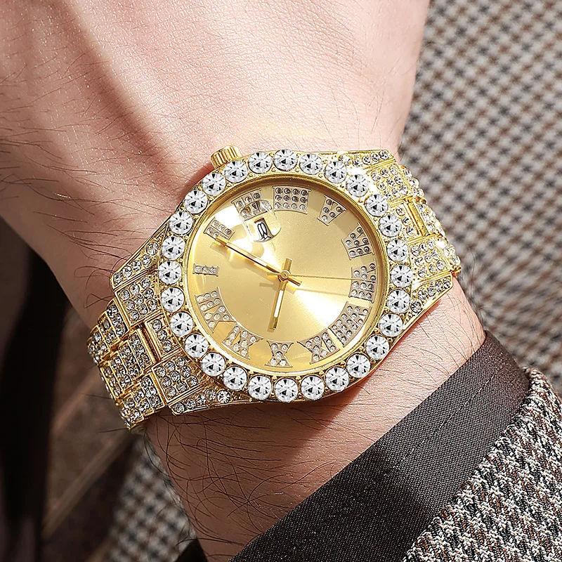 

Классические роскошные мужские часы с золотым стальным ремешком, римской шкалой, календарем и стразами, кварцевые, модные наручные часы для мужчин
