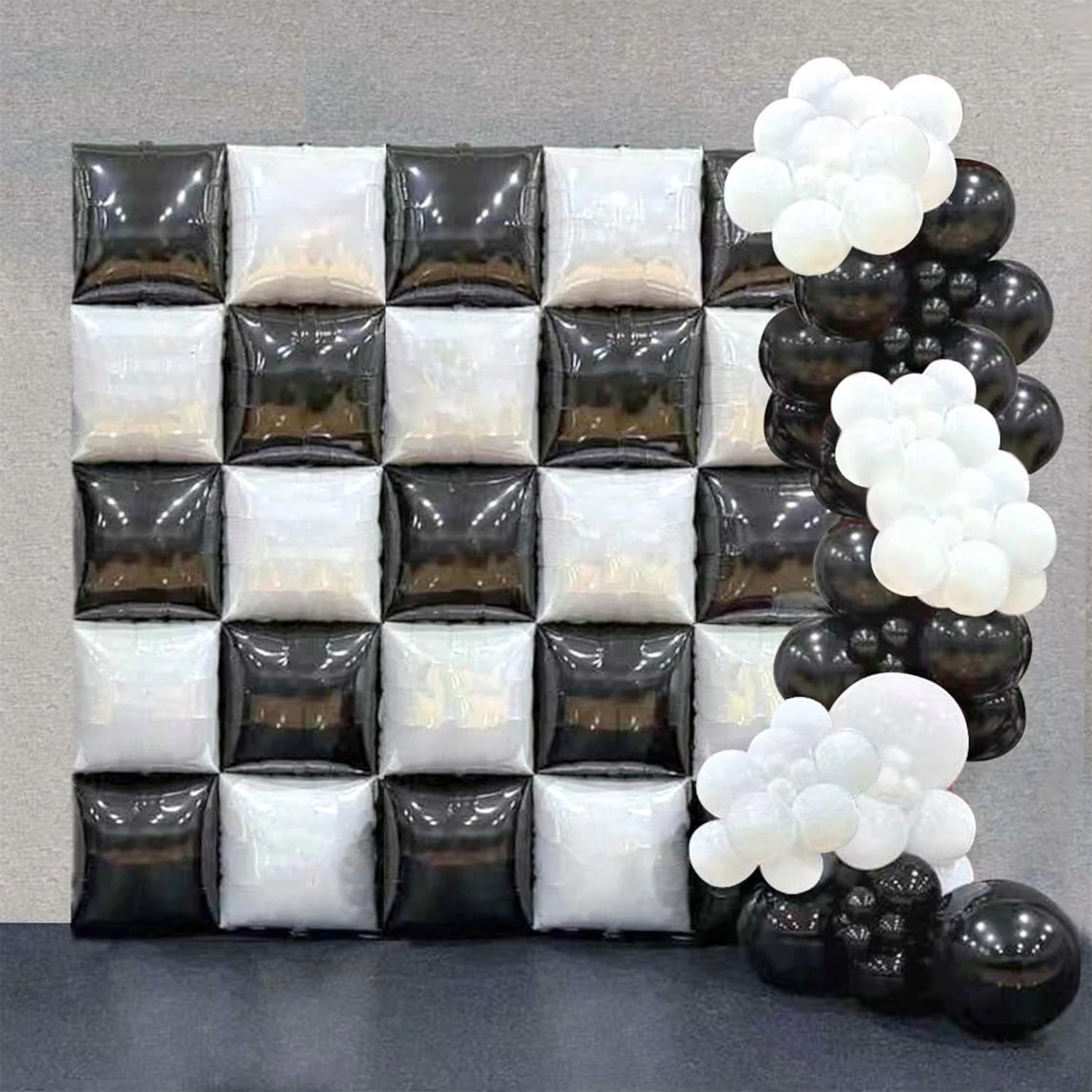 White and Black Checkered Double sided Flat Square Foil Balloon Wall Balloon Garland Kit For Checkerboard Racing Themed Party