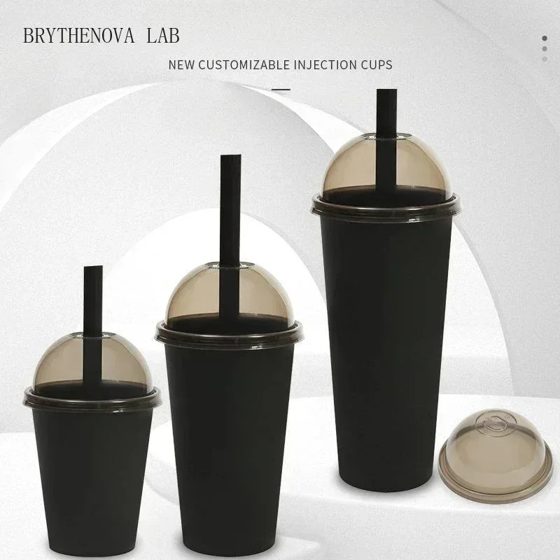 25pcs Black Frosted Milk Tea Coffee Cup Disposable Injection Molded Mug Juice with Lid 500ml 700ml Beverage Packaging Cups