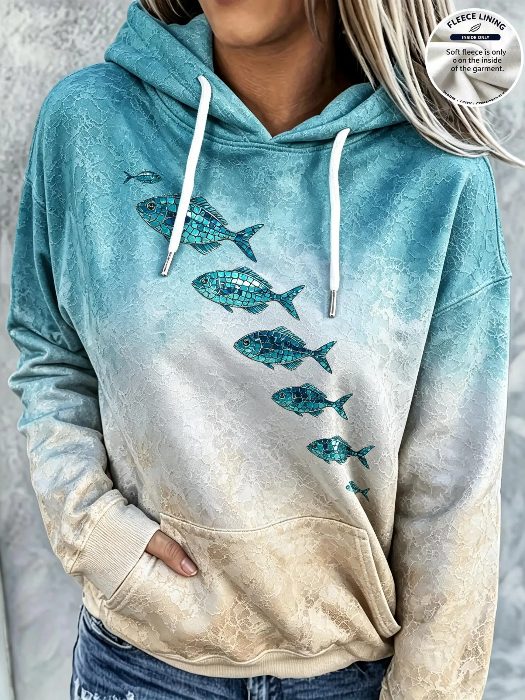 Women Fleece Hoodie Ombre Gradient Fish Pattern Print Long Sleeve Loose Hooded Sweatshirt