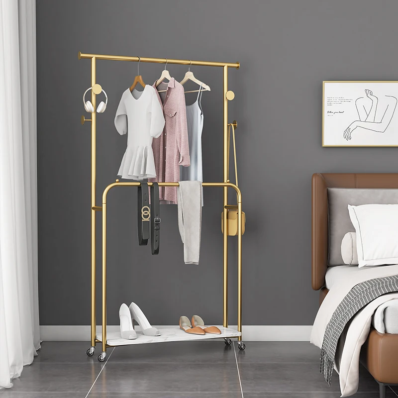 Luxurious and simple bedroom multifunctional floor-mounted clothes rack with wheels Nordic ins marble living room coat rack