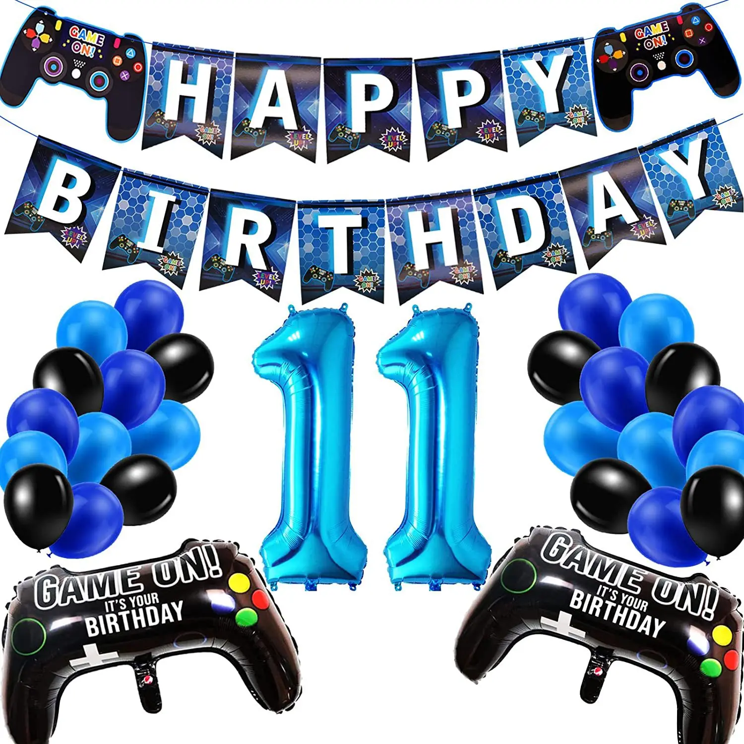 Blue Game Number 11 Birthday Theme Party Decoration Set Number Balloon Pull Flag Set