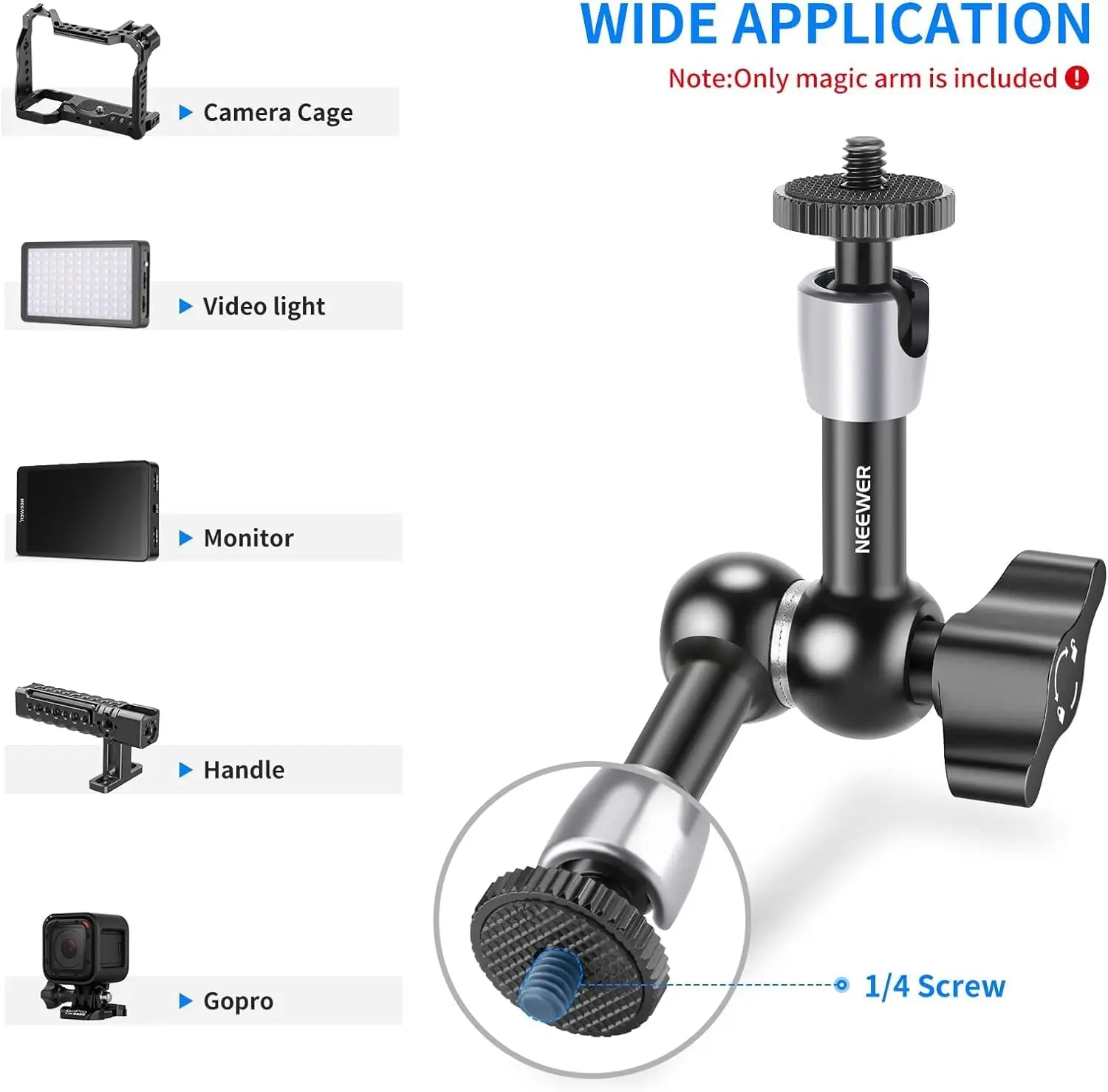 NEEWER 15cm Adjustable Friction Magic Arm Compatible with SmallRig Cage, Flash/LED Light/Microphone/Monitor/SuperClip