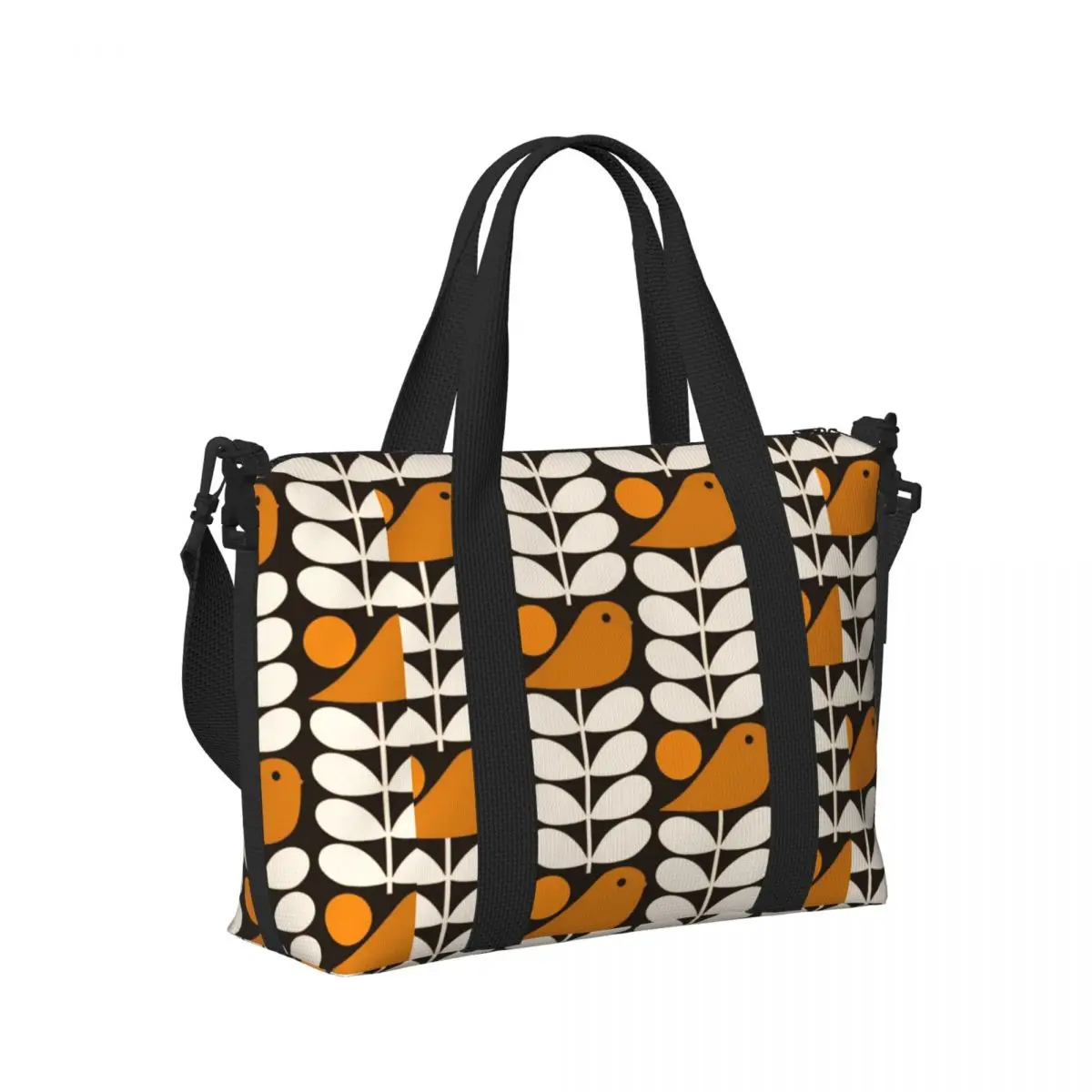 Borsa tote da spiaggia personalizzata Multistem Birds Nero Bianco Arancione Donna Orla Kiely Scandi Borse da viaggio per palestra da spiaggia con grande scomparto