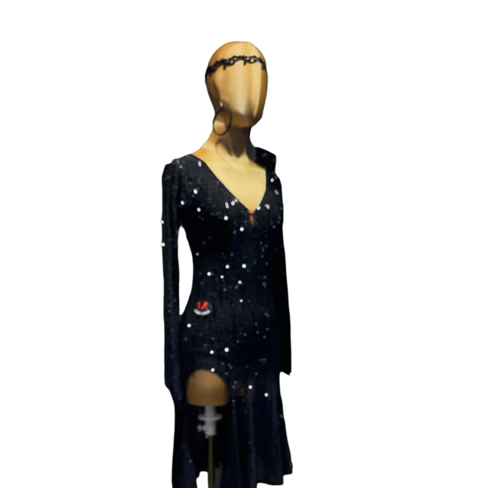 الرقص اللاتيني AB Stone أنثى الكبار الأطفال الراقية مخصصة منتصف الليل السماء المرصعة بالنجوم سبليت تنورة سوداء بركة السامبا الأداء فستان #5