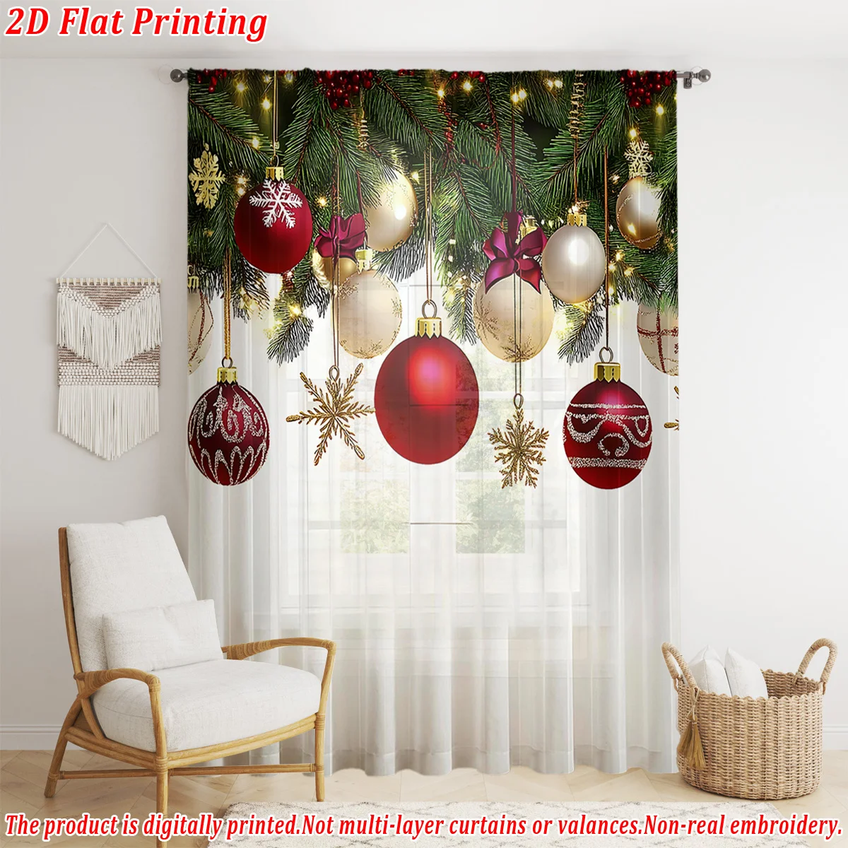 Christmas Flat Printing Sheer Curtain with Christmas Tree Bow Ornaments For Living Room Bedroom Decor Holiday Party Ambiance