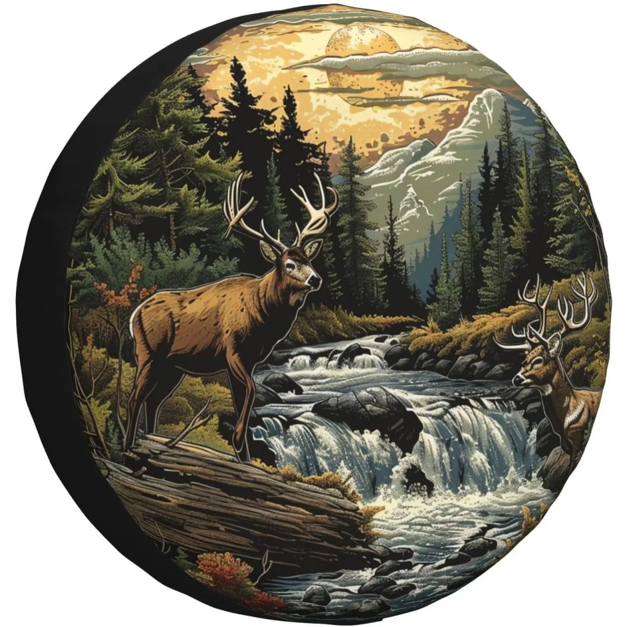 Landscape and Deer Spare Tire Cover Wheel Protectors Weatherproof Deer Pattern Wheel Covers Universal Fit for Trailer RV