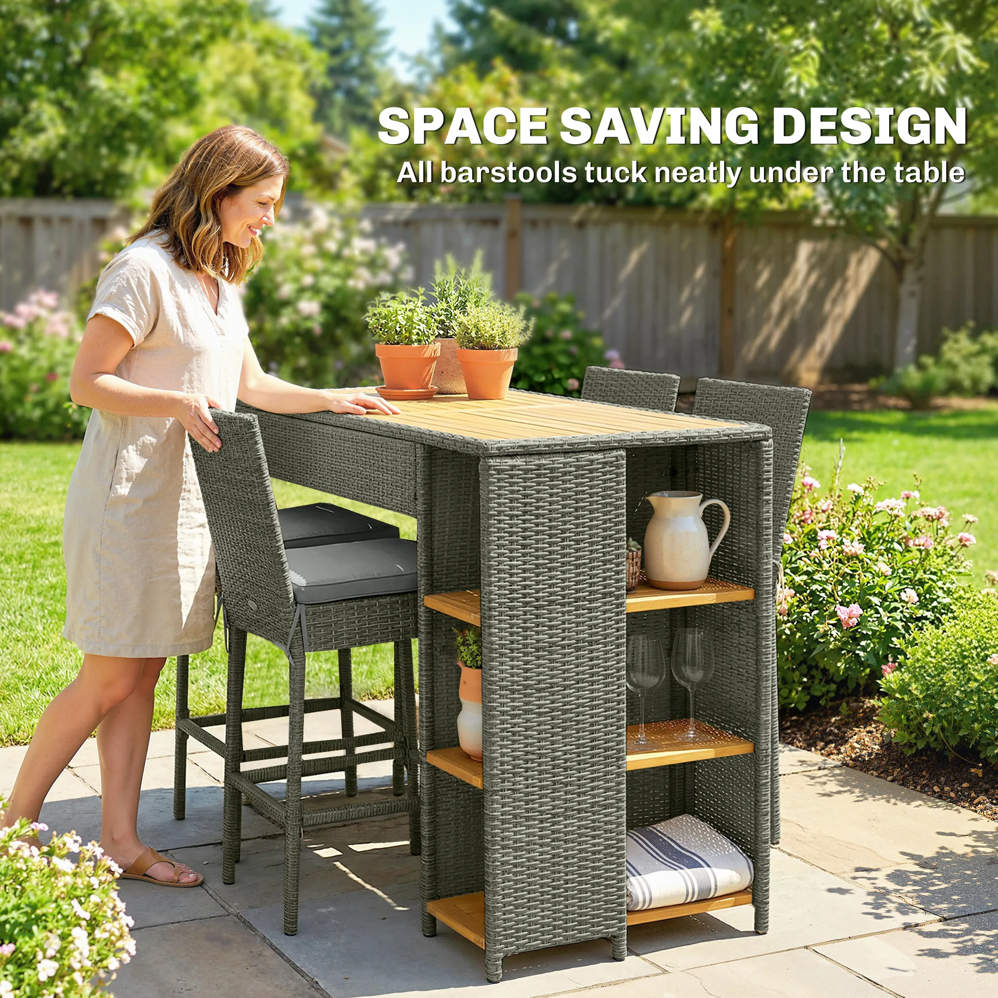 

Плетеный уличный барный набор из 5 предметов, уличный высокий стол и стулья из акации с 3-уровневыми полками, подушками, серый цвет