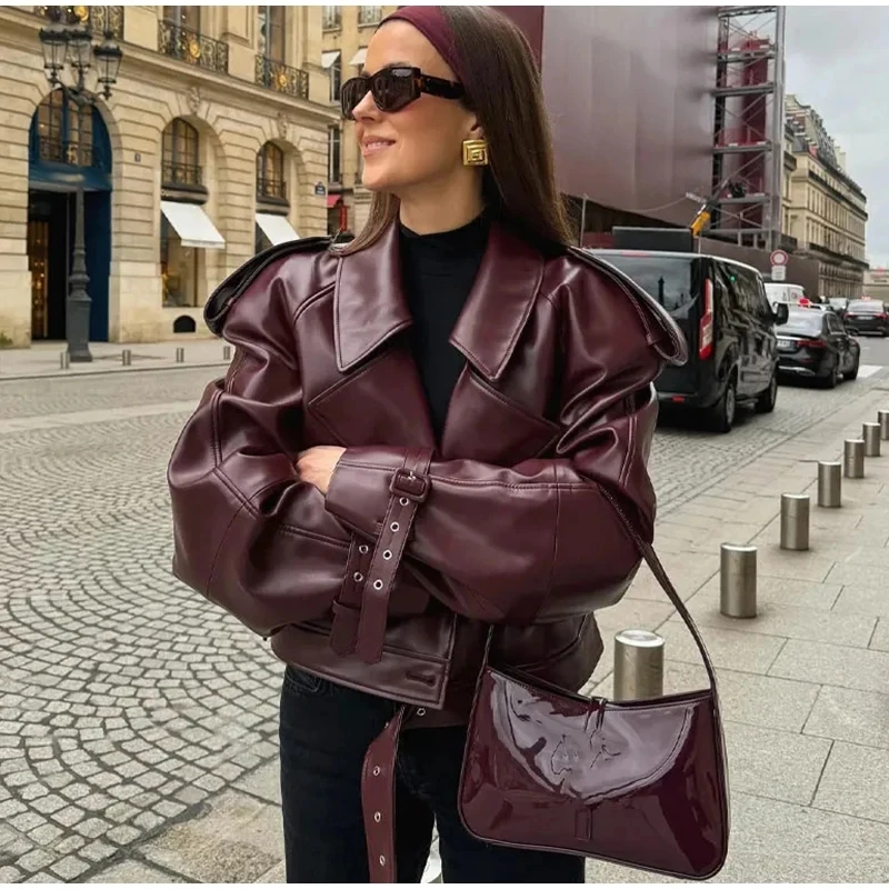 

Cropped Faux Leather Jacket for Women MUJER Long Sleeve Bomber Coat Street Style Casual Outerwear