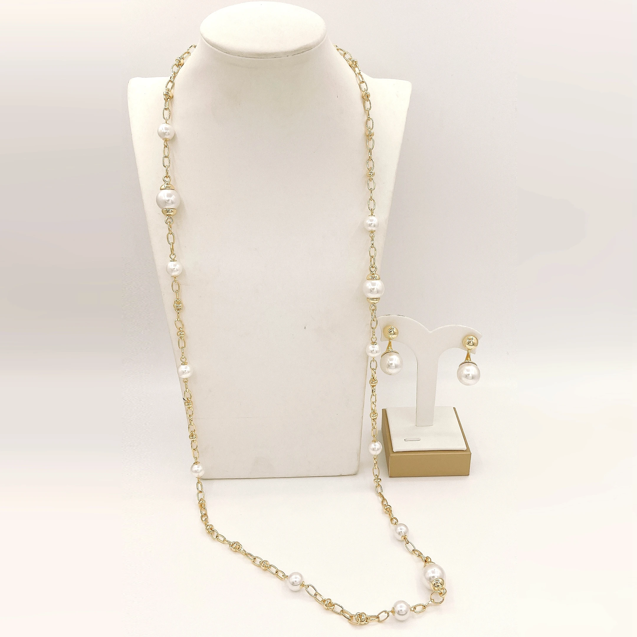 Women Long Sweater Chain Necklace Earrings Set Fashion Imitation Pearl Beaded Multi‑color Metal Statement Jewelry Set For Daily