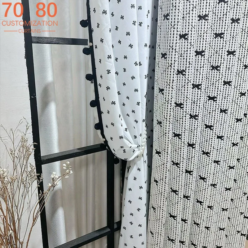 Black and White Dot Girl Bow Jacquard Thickened Blackout Curtains for Living Room Bedroom French Window Window Screen Customized