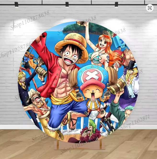 One Piece Luffy Round Backdrop Cloth Elastic Straw Hat Pirates Boy Birthday Party Baby Baptism Party Decoration Photography Prop