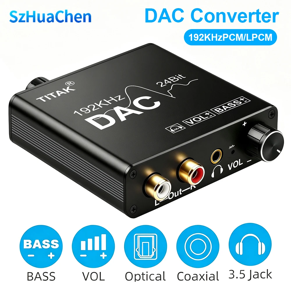 192KHz Digital to Analog Audio Converter with Bass and Volume AdjustmentDigital SPDIF/Optical/Coaxial to Analog Stereo