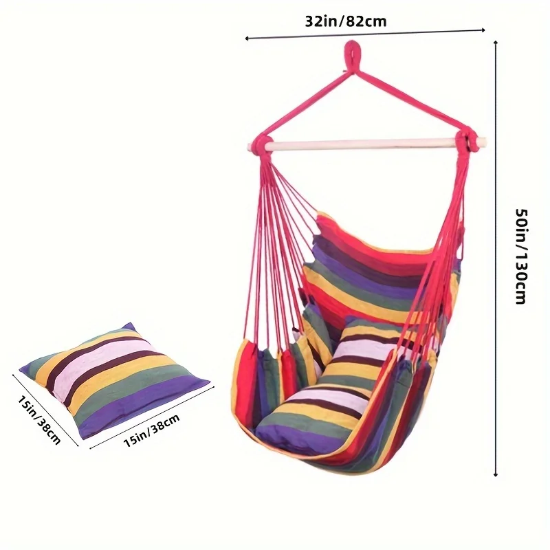 1 Pc Canvas Hammock Chair Set with 2 Pillows, Durable Outdoor Hanging Swing Seat, Indoor/Outdoor Garden Lounge Furniture