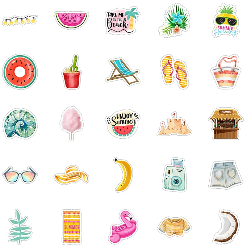 50 шт., летние свежие и чистые праздничные пляжные наклейки, мультяшные эстетические канцелярские принадлежности, шлем, чемоданы, мультяшные наклейки, детские игрушки, подарок