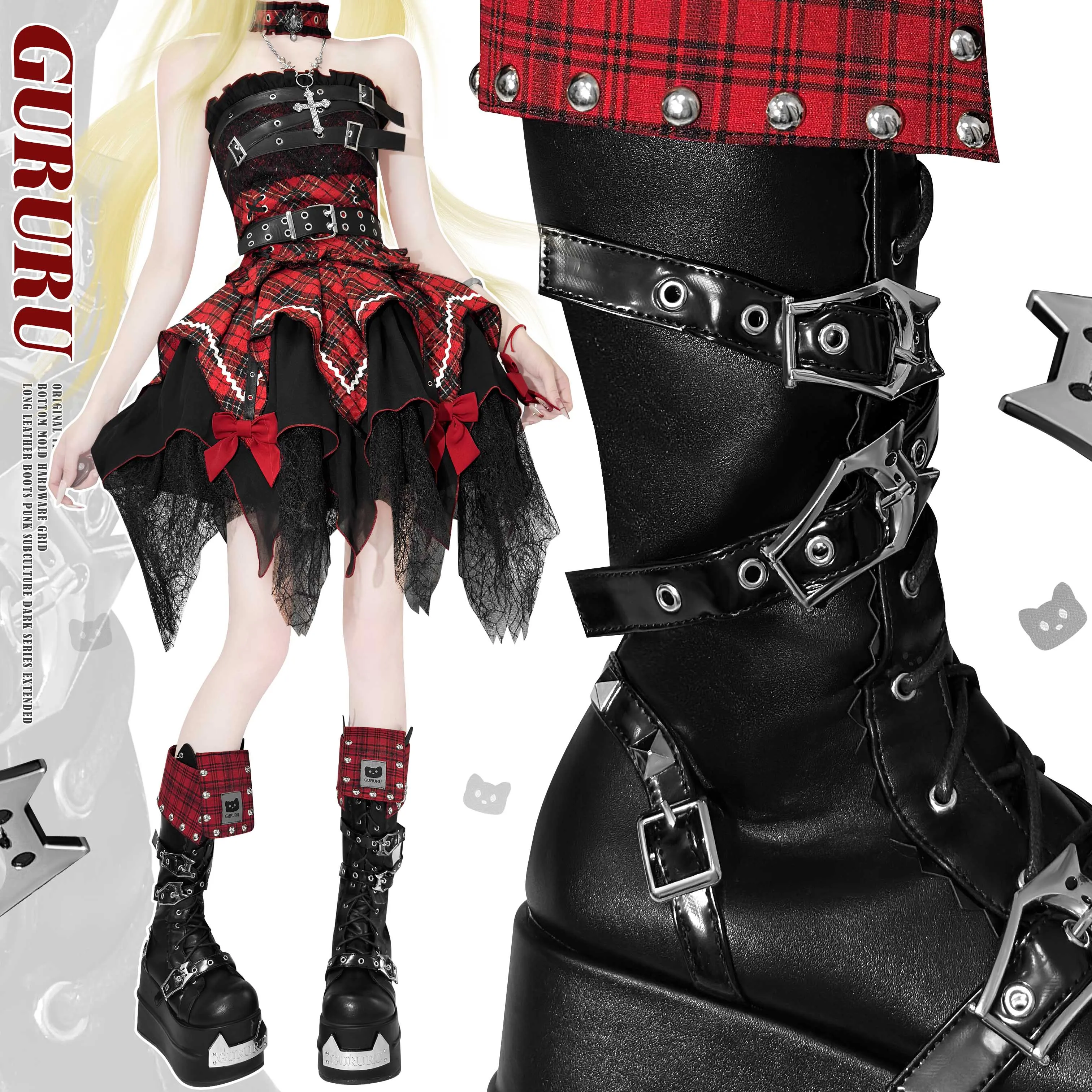 Harajuku Cat Gururu Original Y2k Subculture Thick Bottom Knight Fashion Boots Lolita Retro Girl Loli Boots