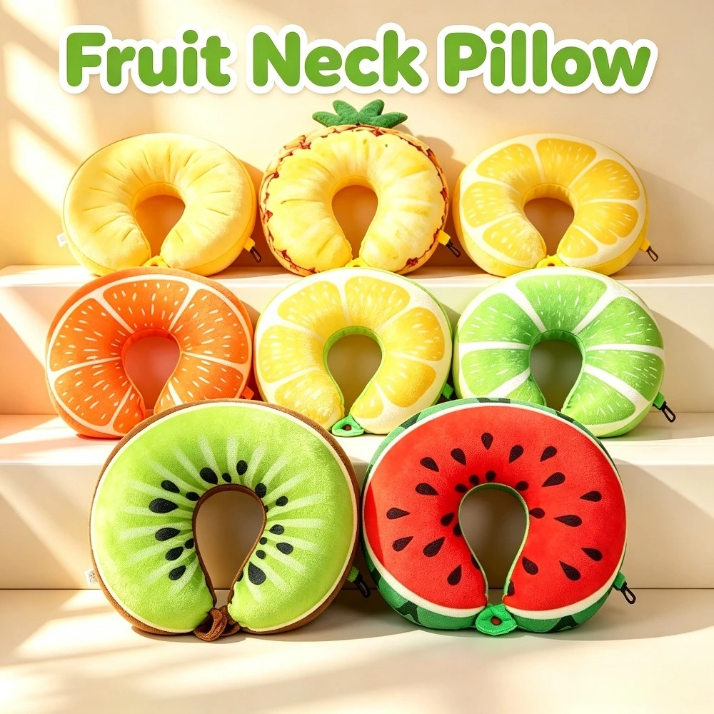 HazyBeauty U Shape Memory Foam Pillow Cute Watermelon Fruit Design Cozy Travel Neck Rest Cushion for Airplane Car 28x30cm
