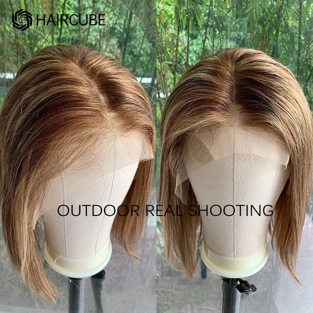 HAIRCUBE Human Hair 13x1 Lace Front Wig Shoulder Long Bob Straight Highlight Wigs for Women Ombre Brown Remy Hair Heat Resistant