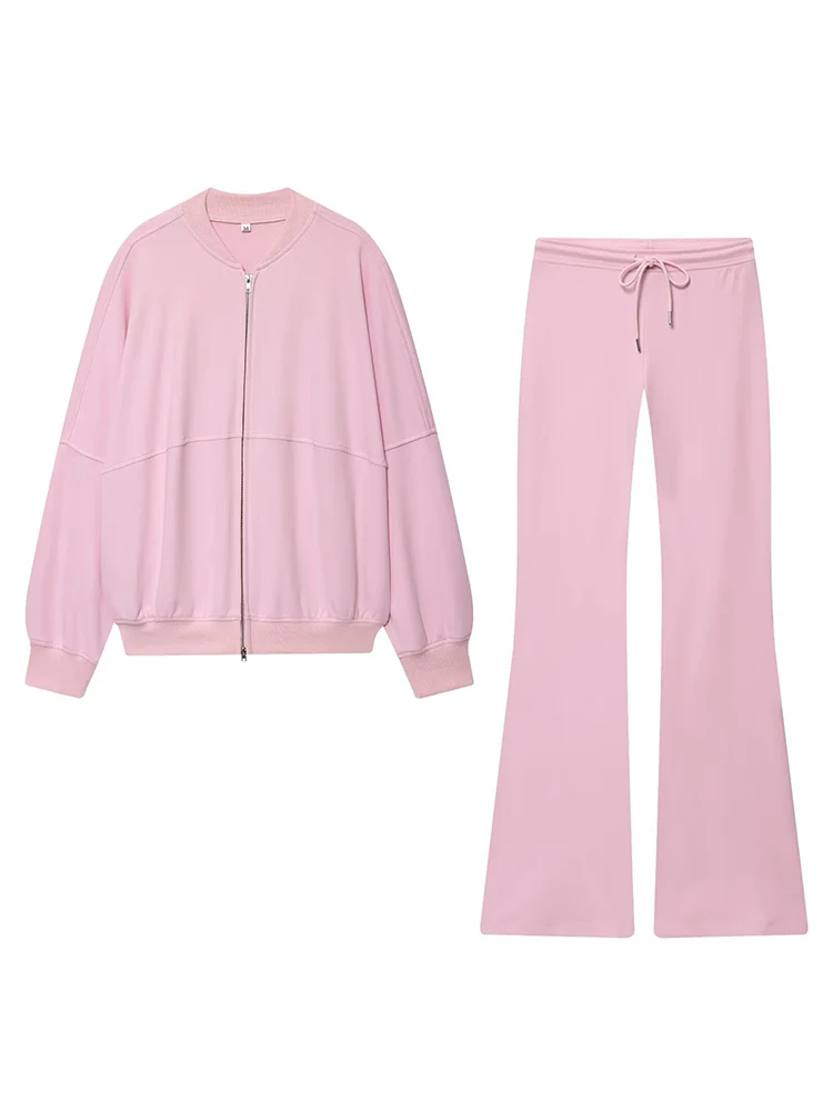 TFMLN سروال نسائي غير رسمي مكون من قطعتين بلون سادة وأكمام طويلة وسحاب علوي وسراويل مضيئة برباط ملابس خروج نسائية