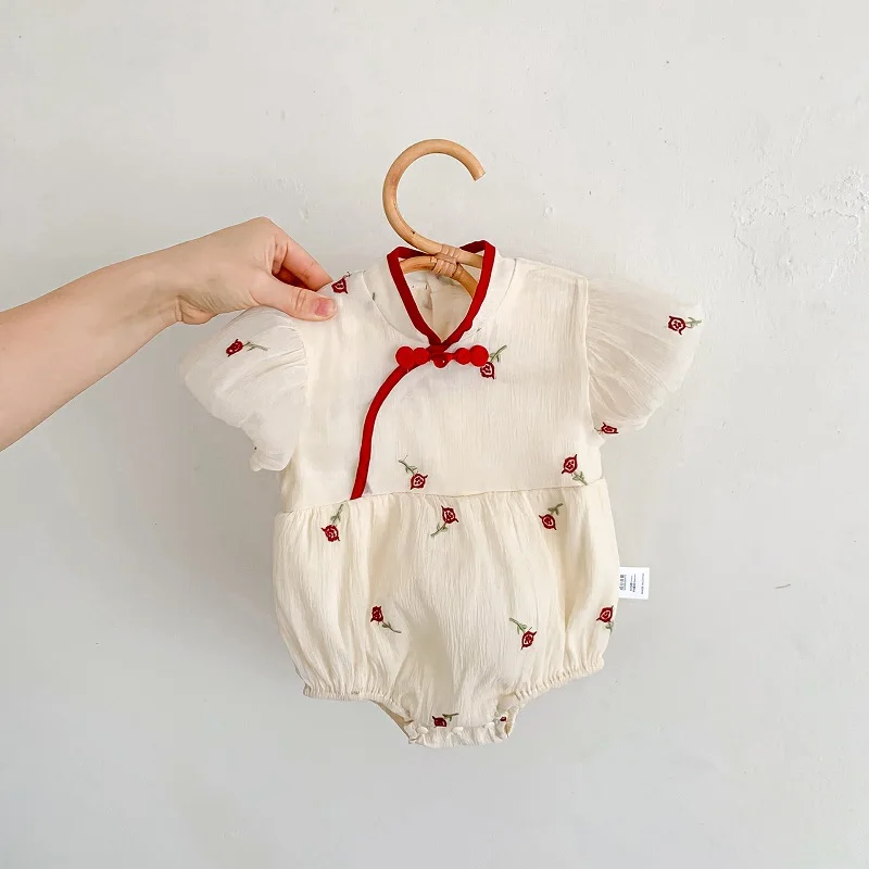 

Cute Baby Girl Clothes 0-2Years Newborn Princess Chinese Style Short Sleeve Embroidery Flower Romper Birthday Party Bodysuit