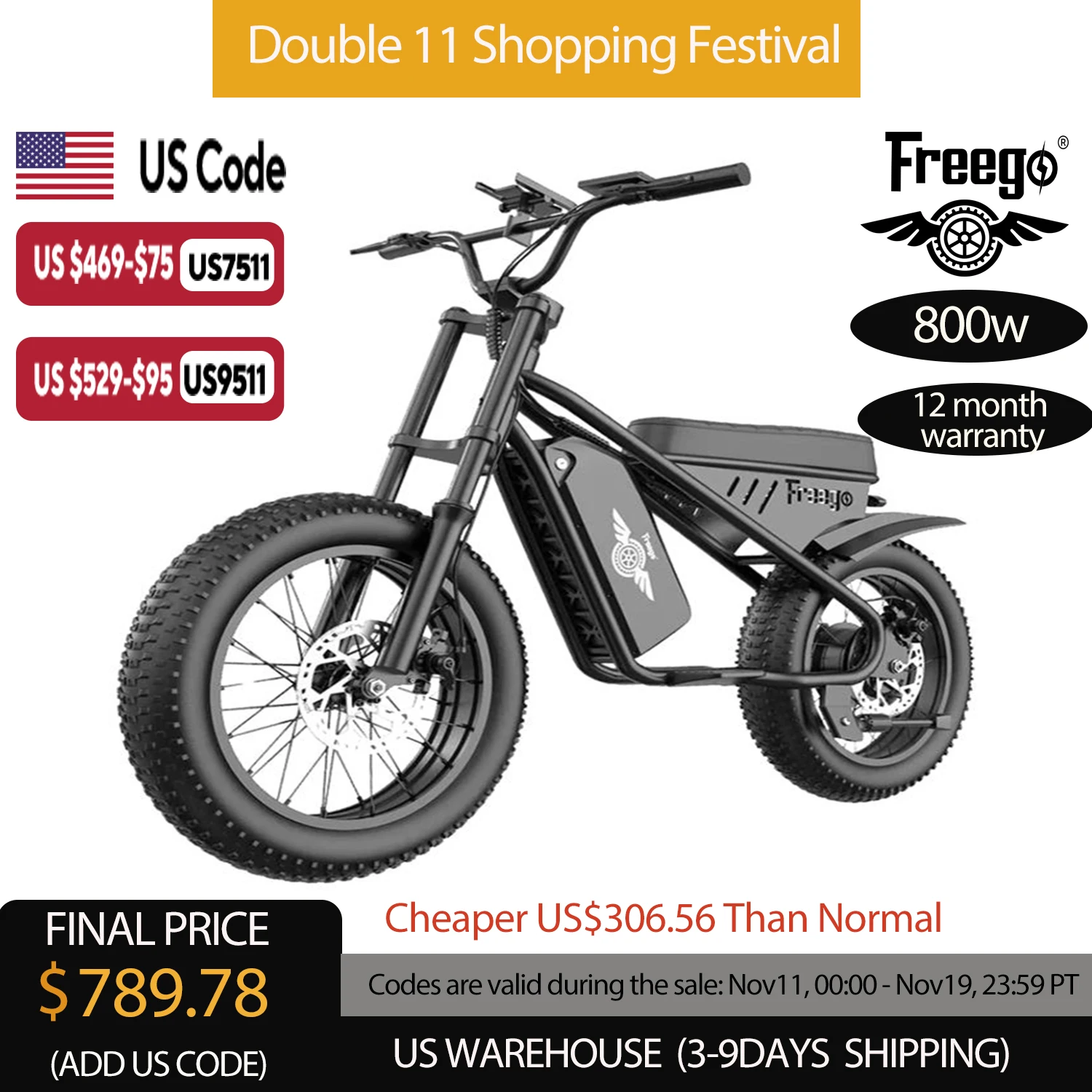 

Freego Mini Electric Motorcycle for Child 800W Rearhub Motor M1 48V, 10.4AH Battery Electric Bike Hydraulic Brake
