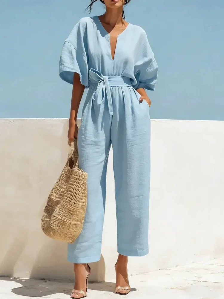 Sexy V-neck Multiple Color Long Romper Half Sleeve Pocket Pure Causal Jumpsuit Women Trendy Lace-Up Waist Cotton Linen Playsuit