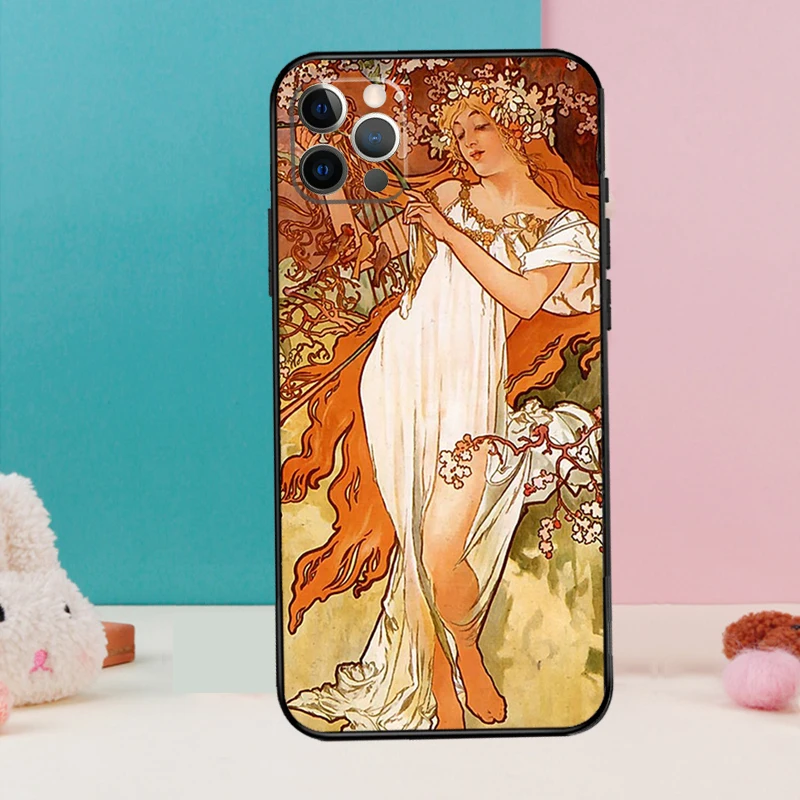 Vintage Alphonse Mucha Art Phone Case For iPhone 11 12 13 14 15 16 Pro Max X XR XS Plus Silicone Bumper Back Cover