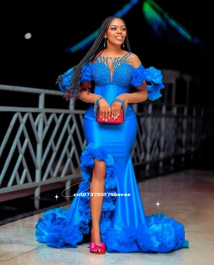 

Illusion Long Sleeves Blue Mermaid Prom Dress Pearls Beaded Reception Gown Flowers Off Shoulder Evening Dresses Slit Customized