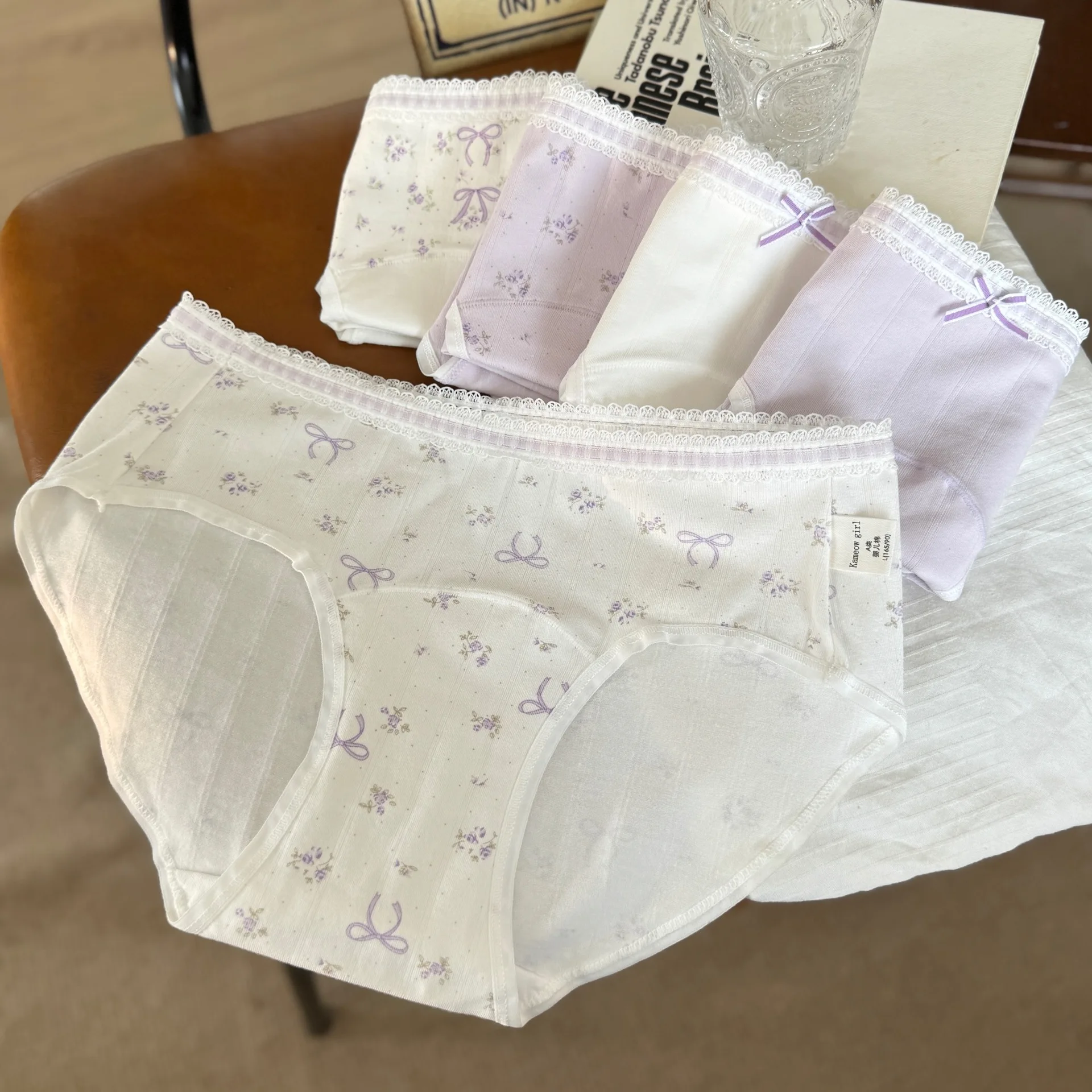 6pc/Lot New Girls Cotton Underwear Cartoon Middle Waist Briefs Young Girl Panties Purple Lovely Teenagers Wholesale for Students