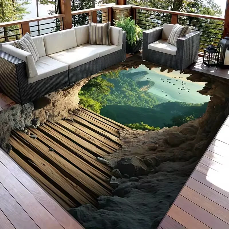 3D-Klippen-Illusion-Teppich, Outdoor-Abenteuer-Themen-Teppich für Balkon, einzigartiges Landschaftsdesign, rutschfester Teppich, kann maschinell gewaschen werden