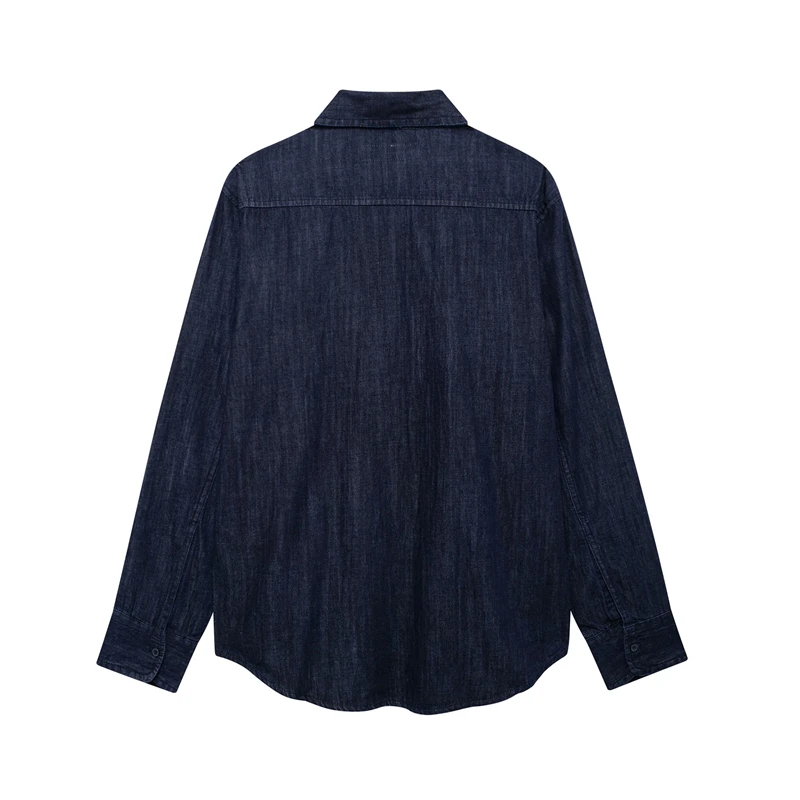 TRAF Women\'s denim shirt Fashionable casual retro long-sleeved shirt Niche denim shirt with waist split design