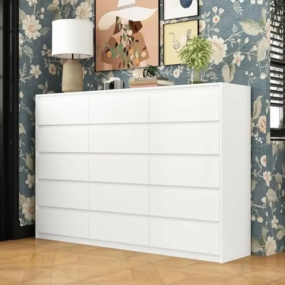 15-Drawer Modern Hidden Handle Dresser Chest Bedroom and Living Room Ample Storage Space White No Handle Design Sturdy and