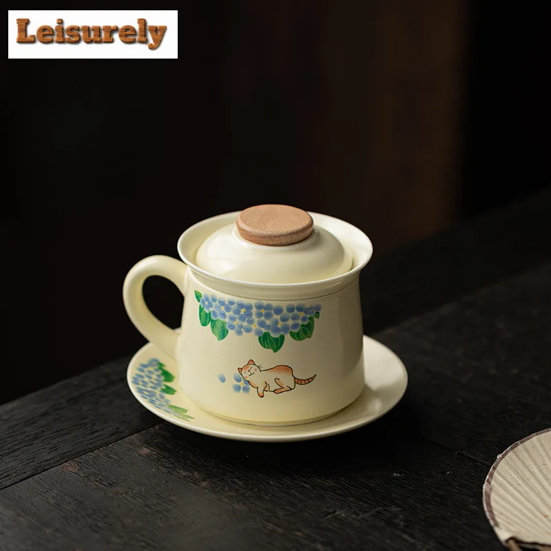 

230ml Ru Kiln Sleeping Cat Filter Tea Separator Cup Ancient Tea Mug With Infuser Household Tea Maker Office Water Cup Ornaments