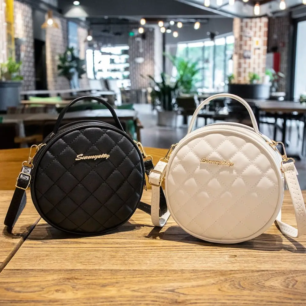 Fashion Lingge Embroidered Small Round Bag Solid Color Zipper Women Shoulder Bag PU Leather Crossbody Bag