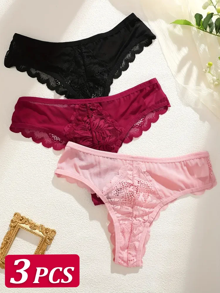FINETOO 3 Teile/satz Frauen Sexy Spitze Thongs Solide G-String Höschen Floral Perspektive Unterwäsche Weibliche Weiche Atmungsaktive Dessous