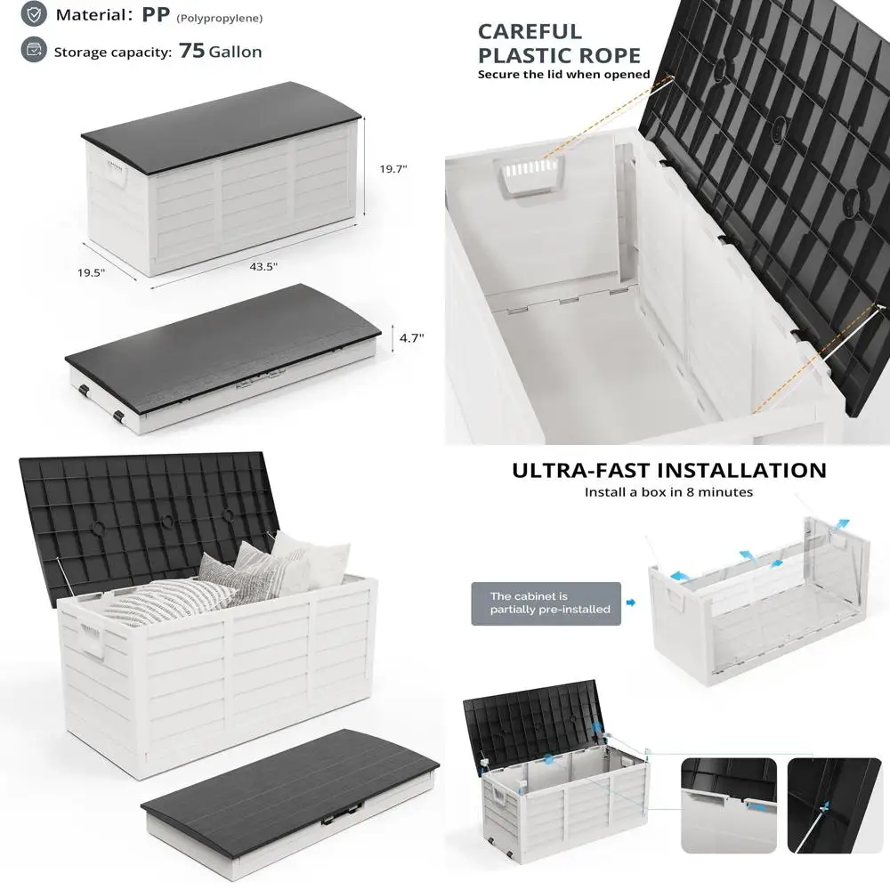 

Outdoor 75 Gallon Plastic Storage Box with Lid, Suitable for Patio, Deck, Garden, Pool, Balcony, Yard (White)