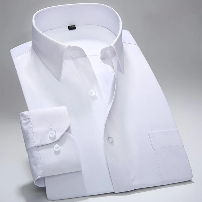Men Formal Shirt Long Sleeve Office Solid Color Anti-Wrinkle Fashion Business Pocket White Social Pocket Shirt Male Clothing